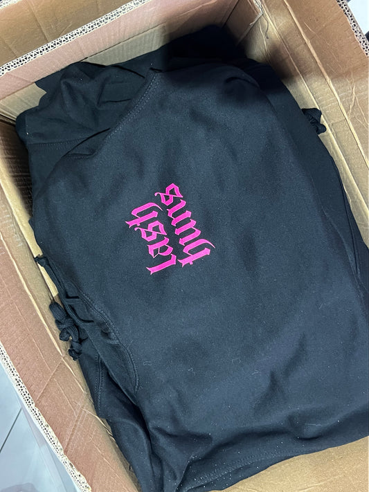 Black hoodie with small pink logo